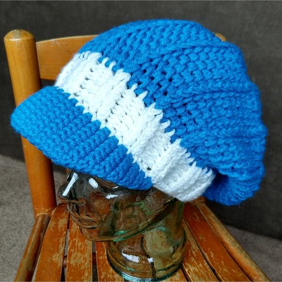Pool Blue Slouchy with a Brim white band handmade crochet OSFM ready to ship main image 9